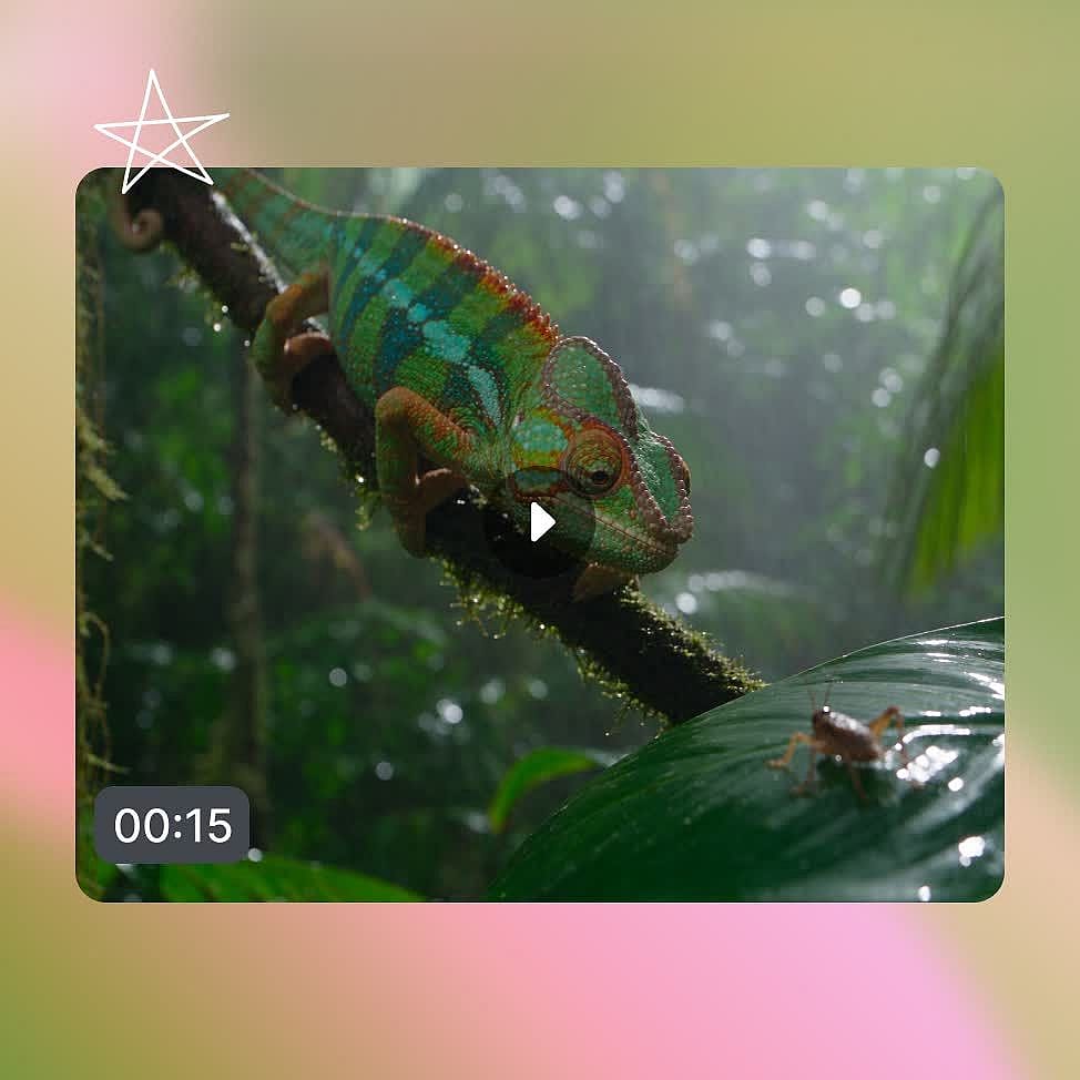 Step 3 of using Grok Imagine Video 1.5 on OpenArt: the finished 15-second video of a panther chameleon on a mossy branch eyeing a cricket in a rainy rainforest