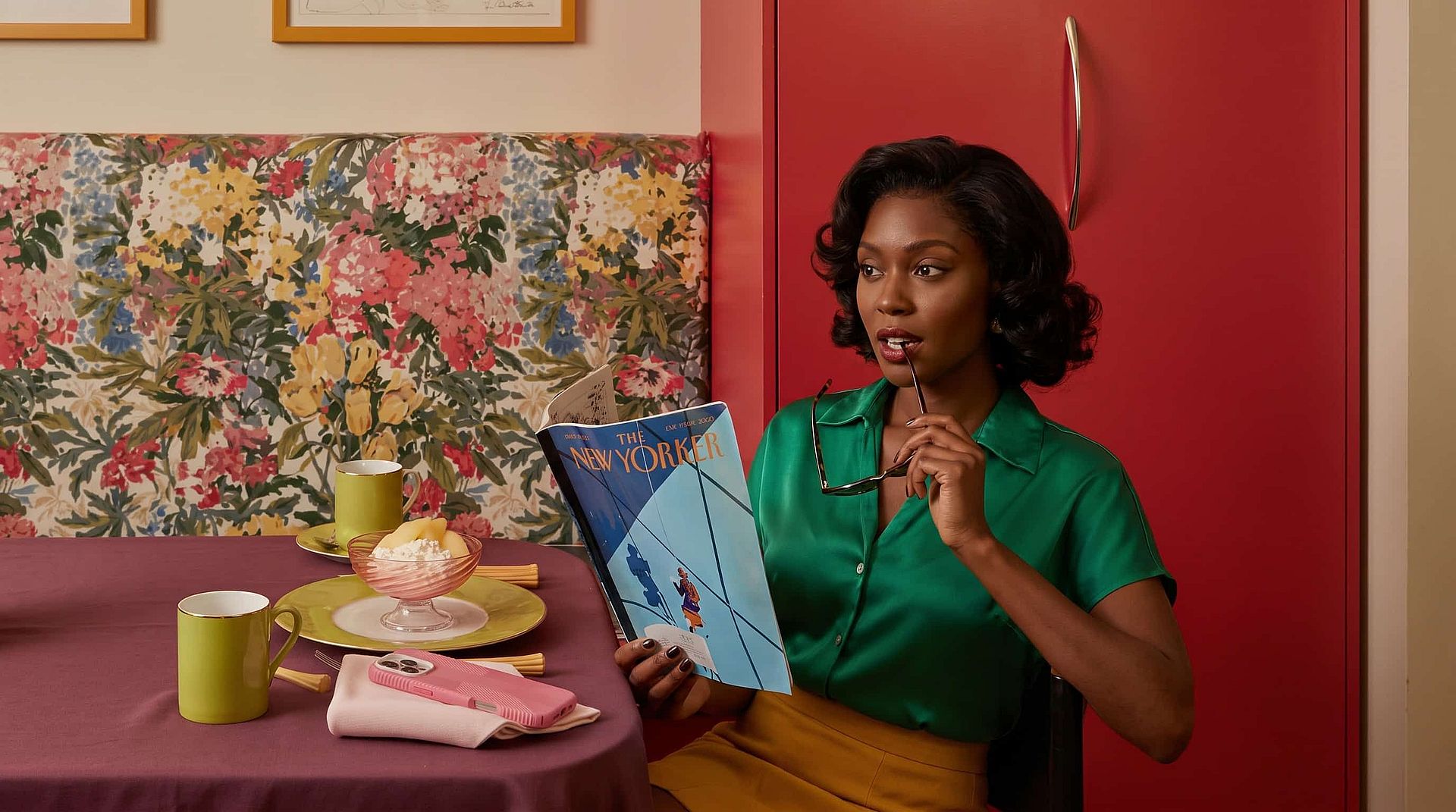 Woman in an emerald-green blouse holding a magazine at a colorful cafe table, with floral upholstery and a red backdrop.