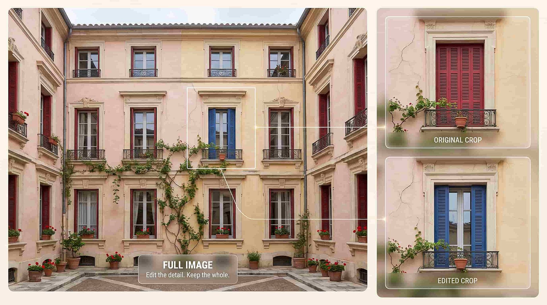 Courtyard photo with a highlighted window and enlarged crops showing red shutters changed to blue.