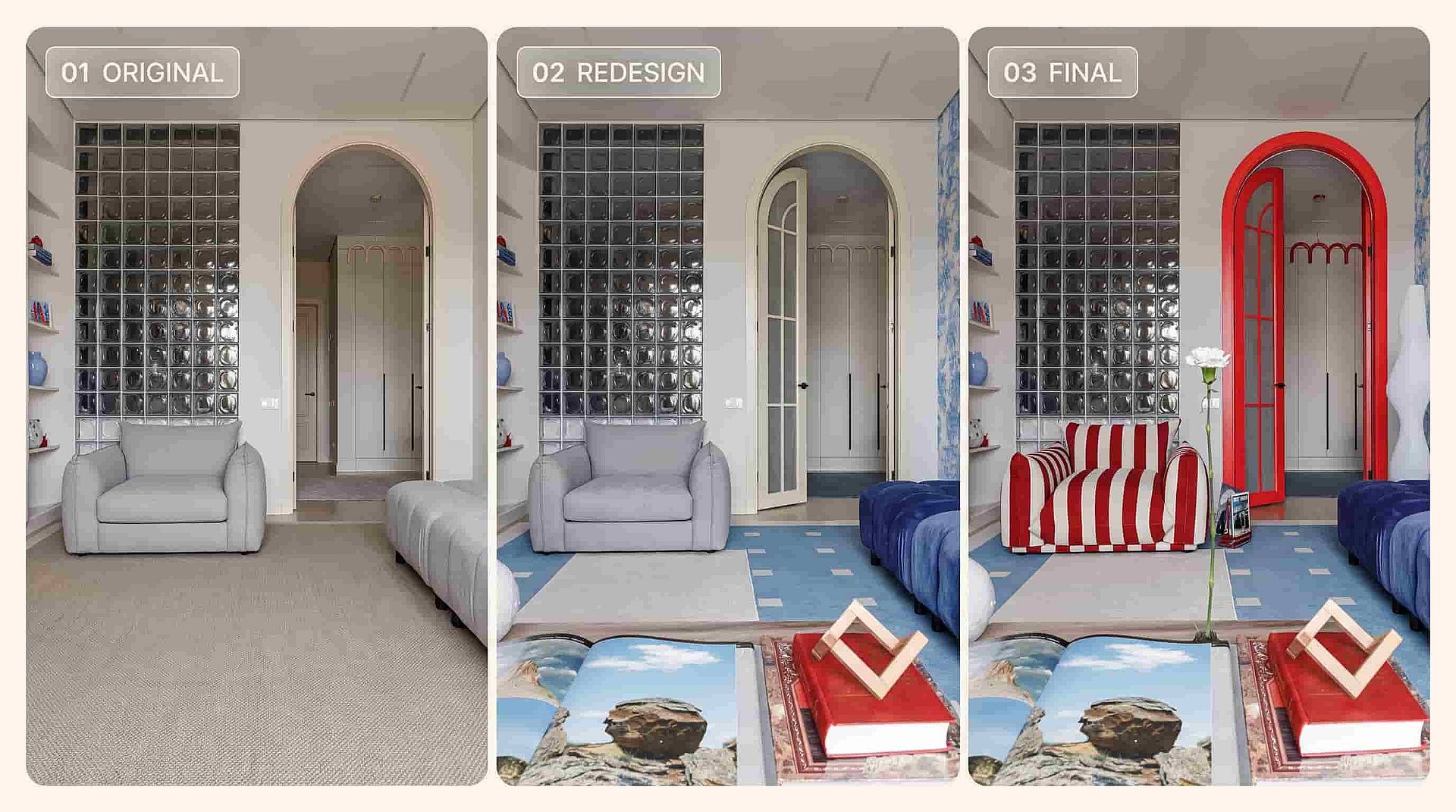 Three-stage living room redesign from neutral decor to a blue sofa, patterned wallpaper, red arched doorway and striped armchair.