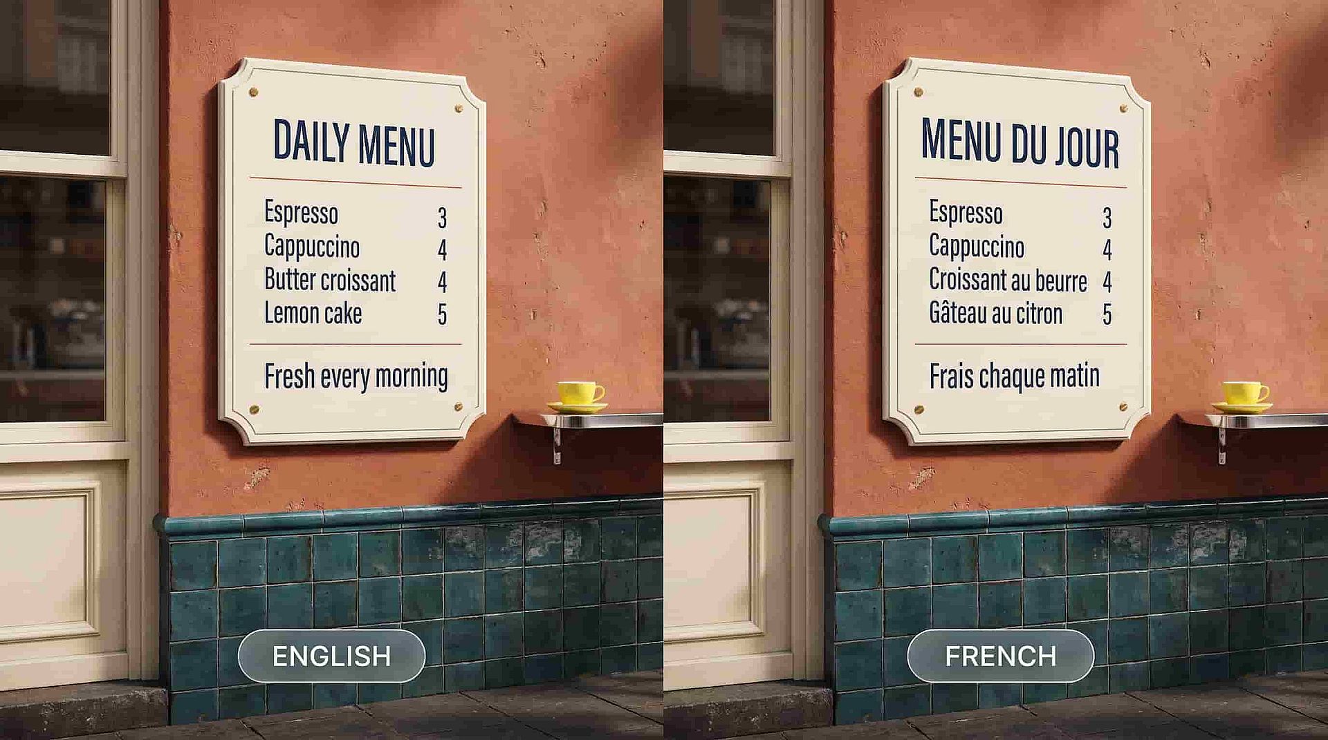 Side-by-side cafe menu signs in English and French, with matching typography, prices and a terracotta wall background.