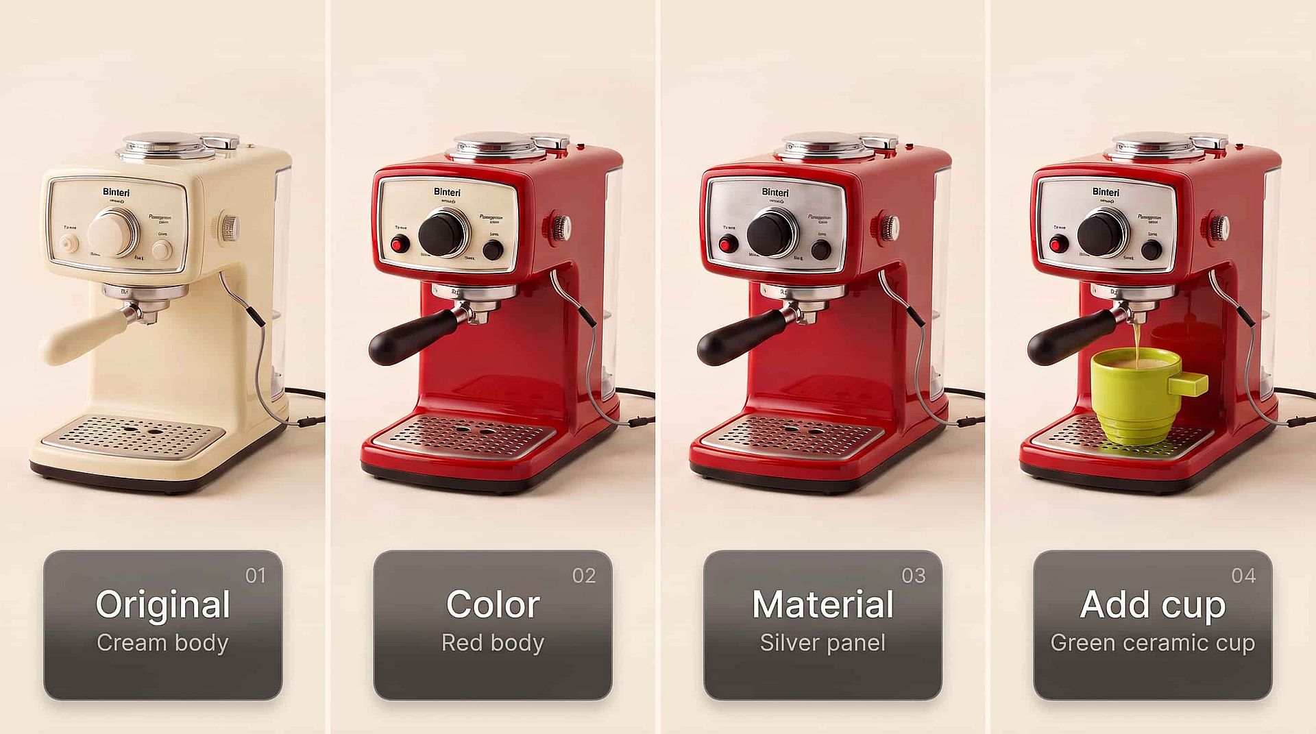 Four-step coffee machine editing illustration: cream body, red body, silver panel, then a lime-green cup.