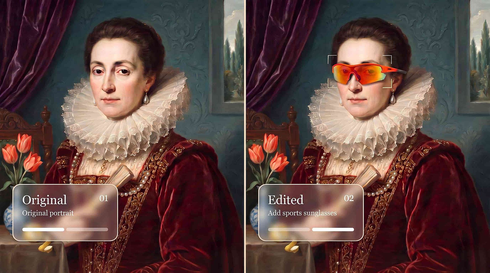 Side-by-side classical portraits showing a local edit that adds orange sports sunglasses to the woman on the right.