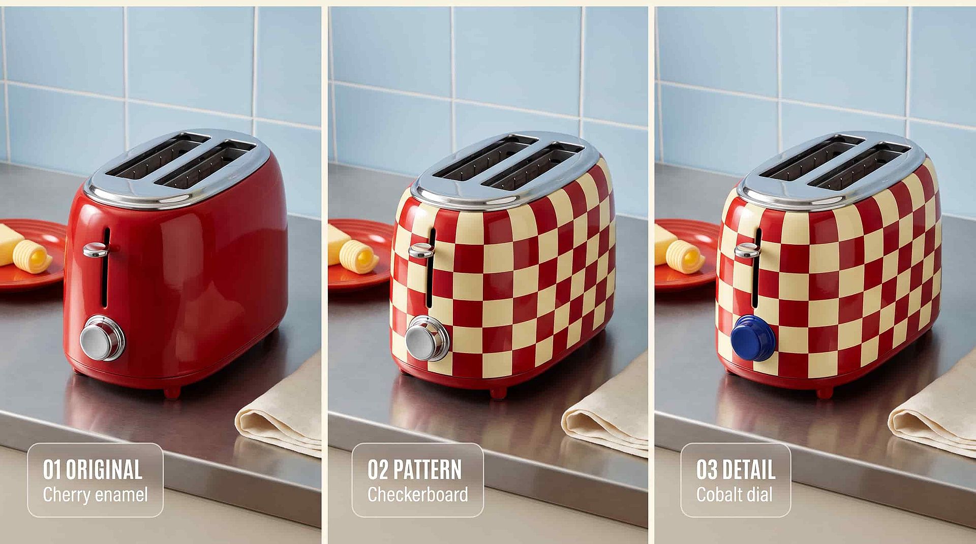 Three-step toaster edit showing a red body, a red-and-cream checkerboard pattern, then a cobalt-blue control dial.