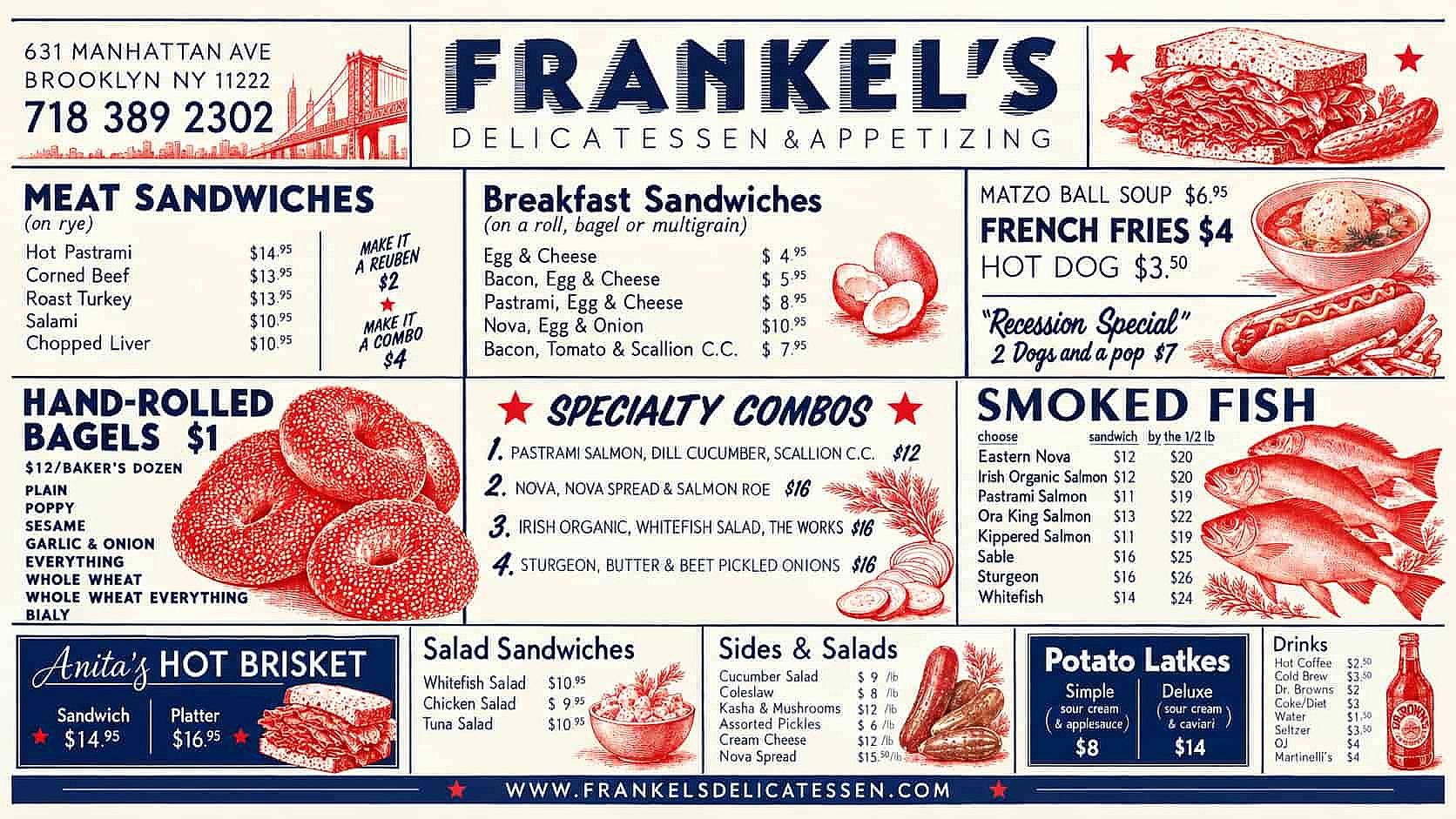 Frankel's deli menu with navy headings, item names and prices, and red illustrations of sandwiches, bagels and fish.