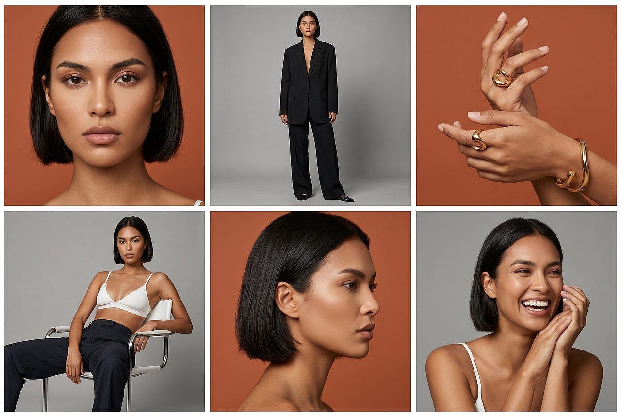 A six-panel grid of the same AI influencer across portrait, fashion, product, candid, beauty, and profile shots