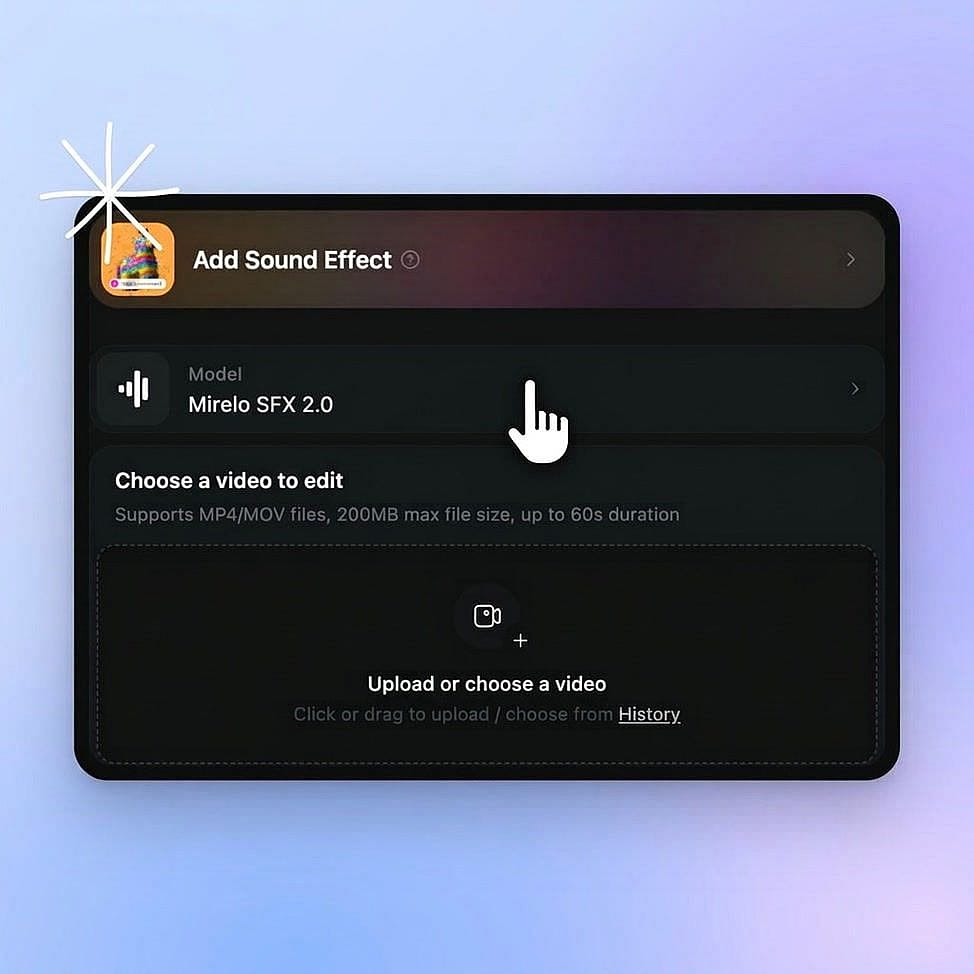 The Add Sound Effect tool on OpenArt with Mirelo SFX 2.0 selected as the model, a cursor on the model picker, above an empty upload box for choosing a video