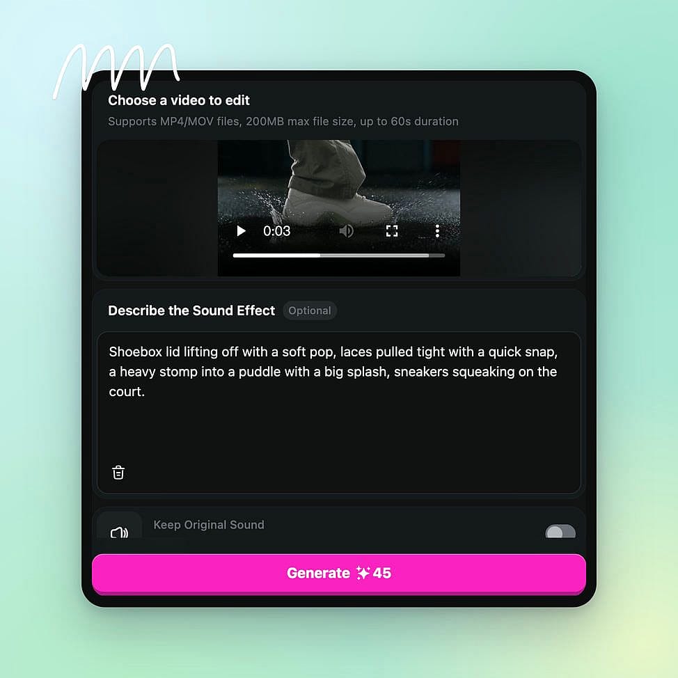 A sneaker video uploaded to Mirelo SFX 2.0 on OpenArt with a sound prompt describing a shoebox lid pop, laces snapping tight, a puddle splash and squeaking sneakers, above the Generate button