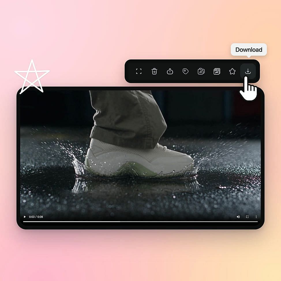 A finished Mirelo SFX 2.0 result on OpenArt: a sneaker stomping into a puddle with a splash, playing with sound, with the cursor on the Download button
