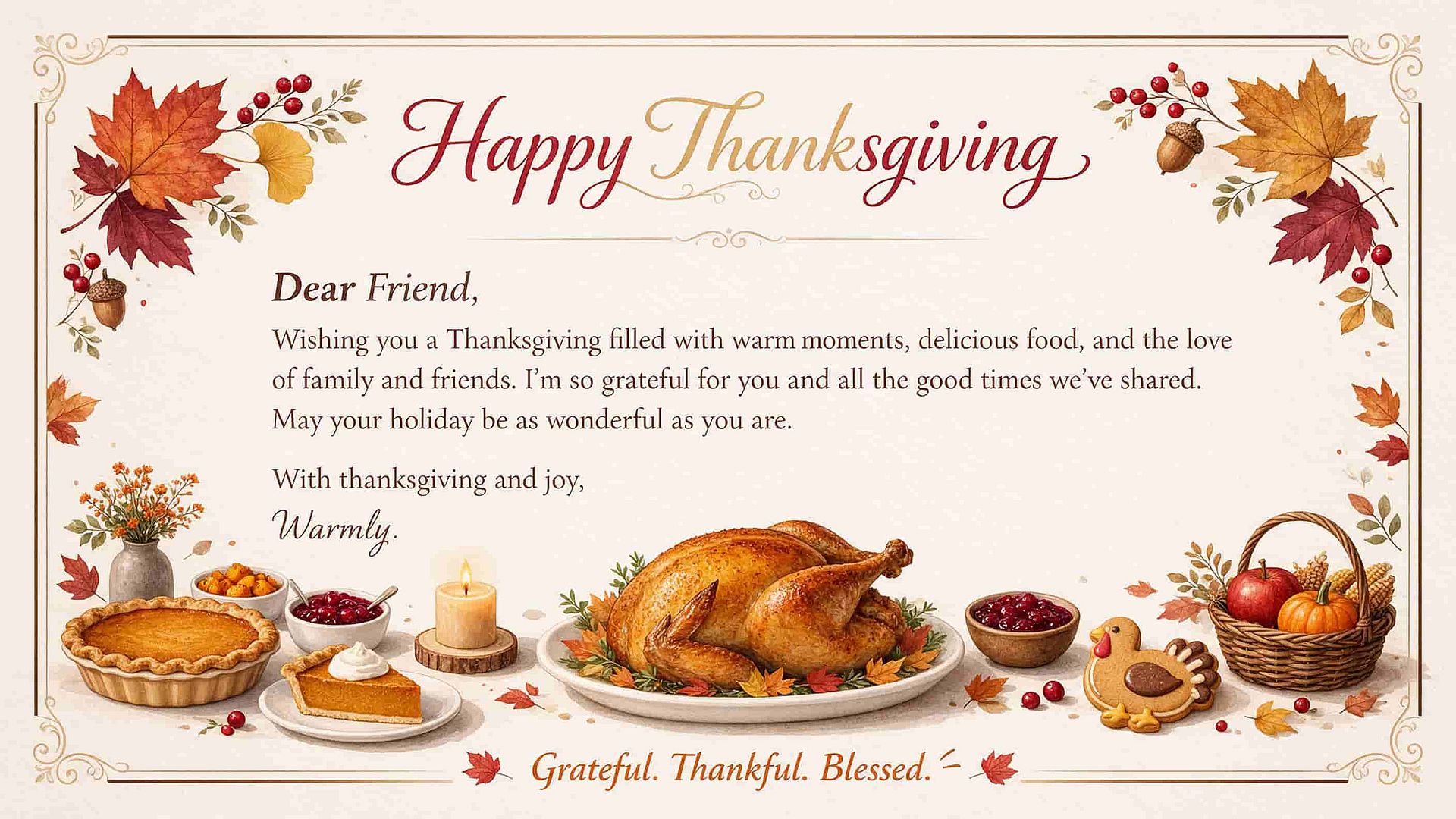 Happy Thanksgiving greeting card with a written message, autumn leaves, and a roast turkey illustration.