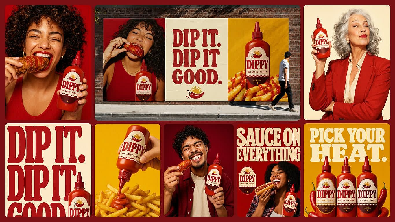 AI-generated brand campaign for Dippy hot sauce: consistent red bottle and "Dip it. Dip it good." copy across portraits, a street billboard, social posts and product shots