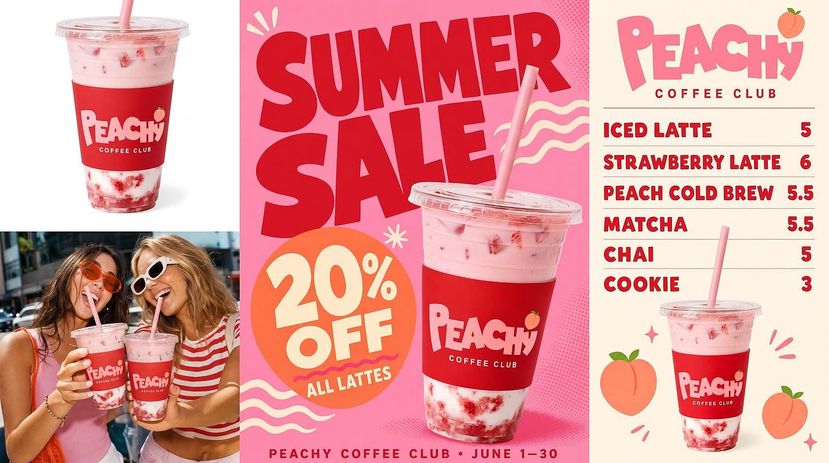 AI-generated assets for a small coffee shop: product shot of a Peachy Coffee Club strawberry iced latte on white, friends drinking it in the street, a pink Summer Sale 20% off all lattes poster and a menu board
