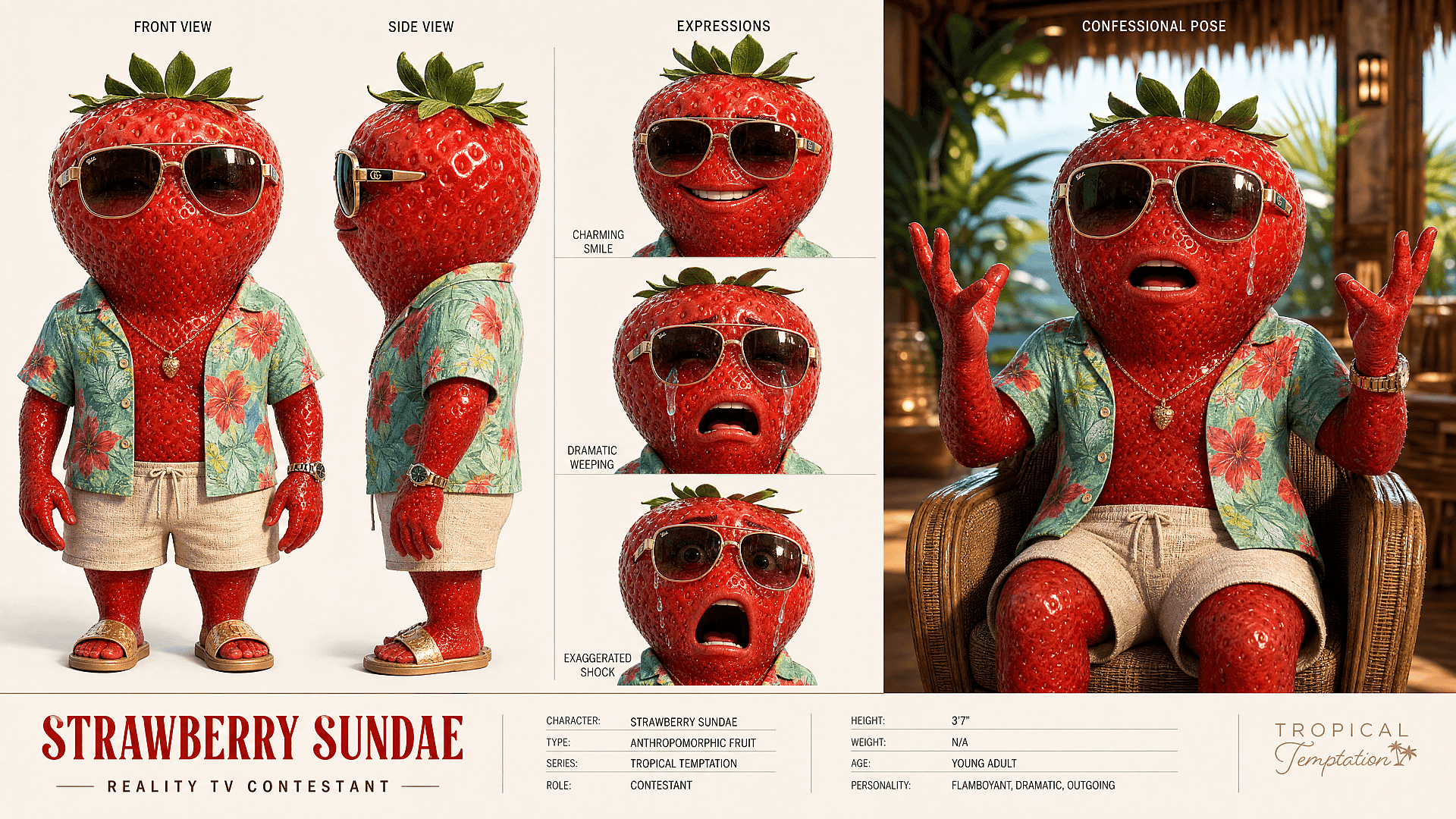 Character sheet of an anthropomorphic strawberry character with sunglasses showing multiple views and expressions