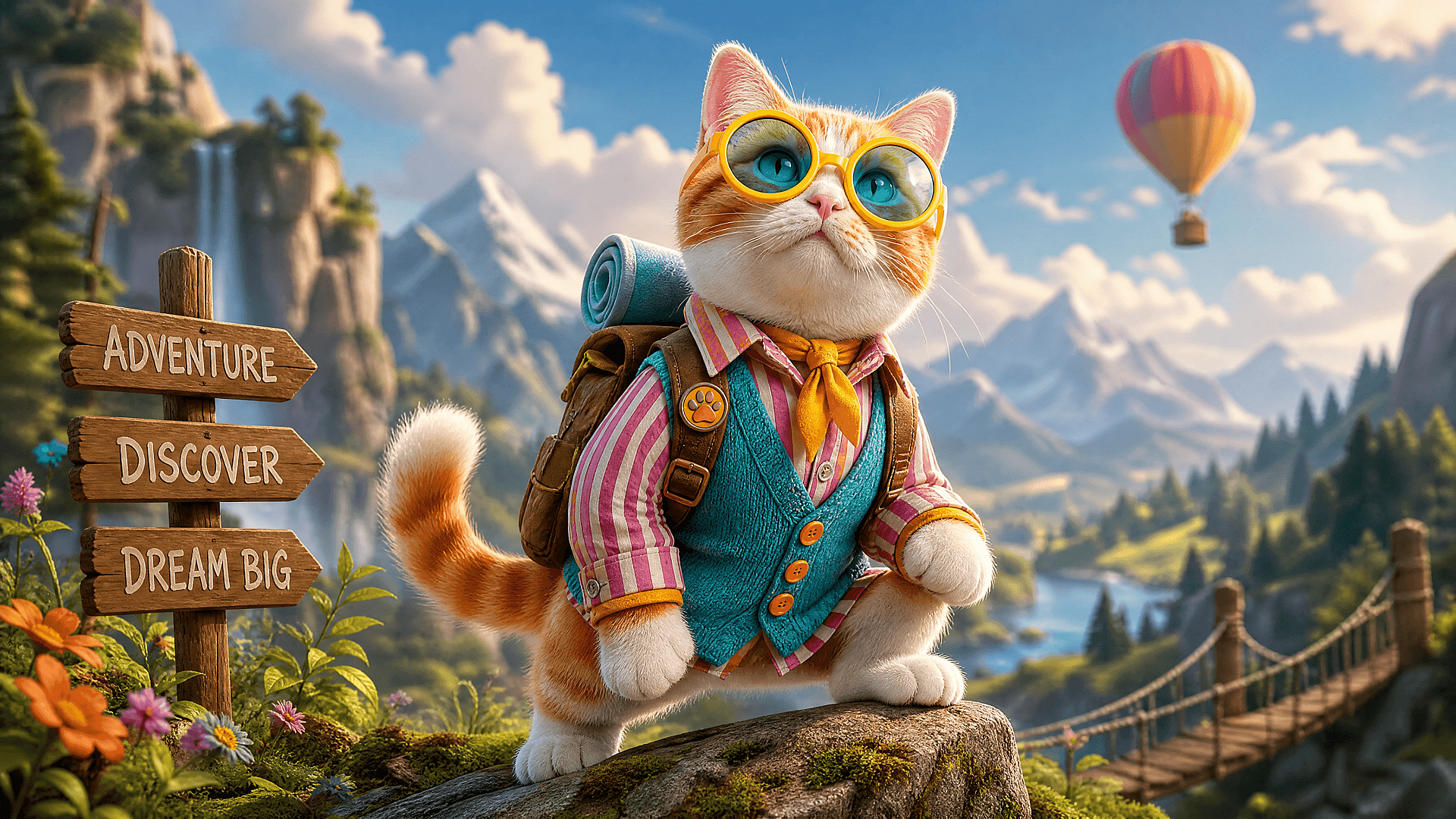 A corgi as an animated adventure character wearing an explorer jacket and backpack