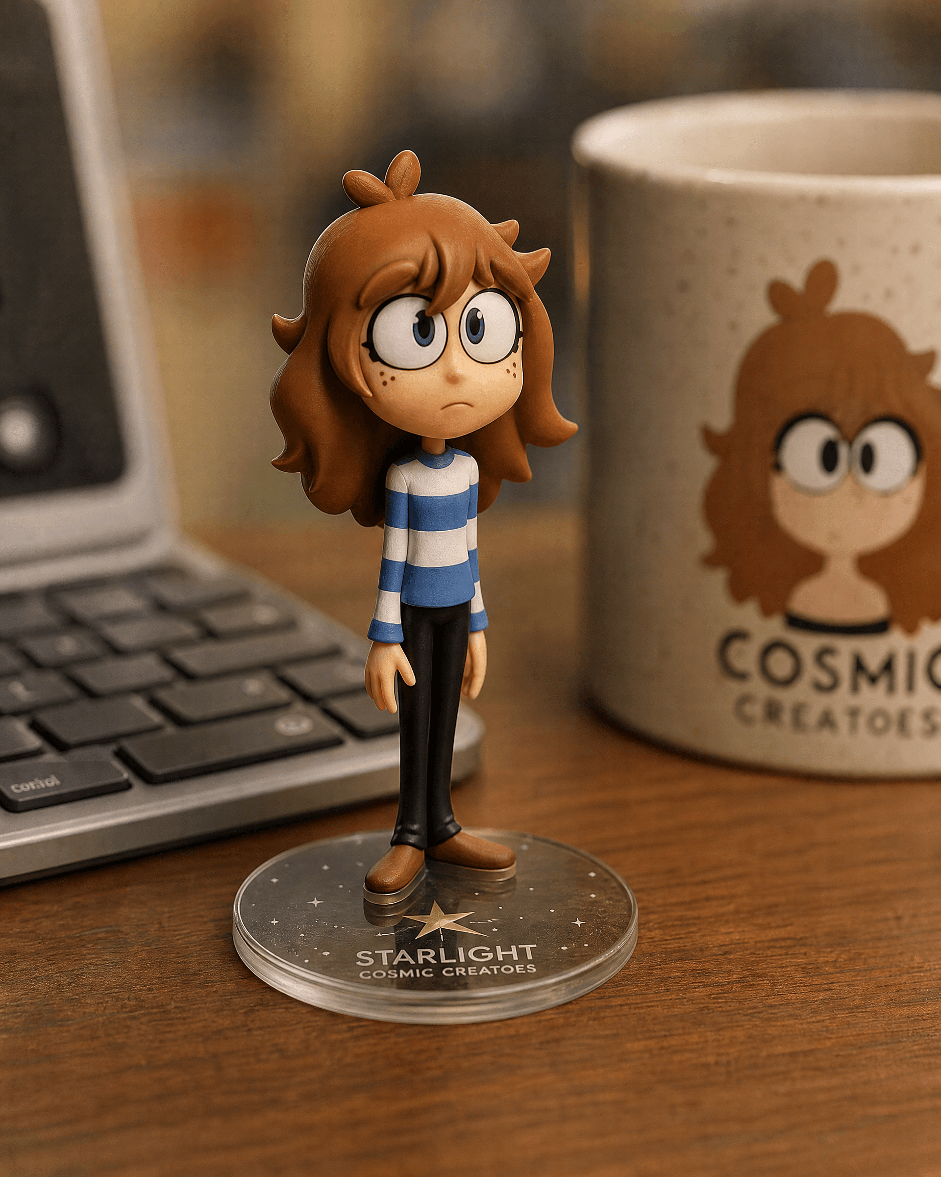 a person edited into a realistic 3D collectible figure on a desk