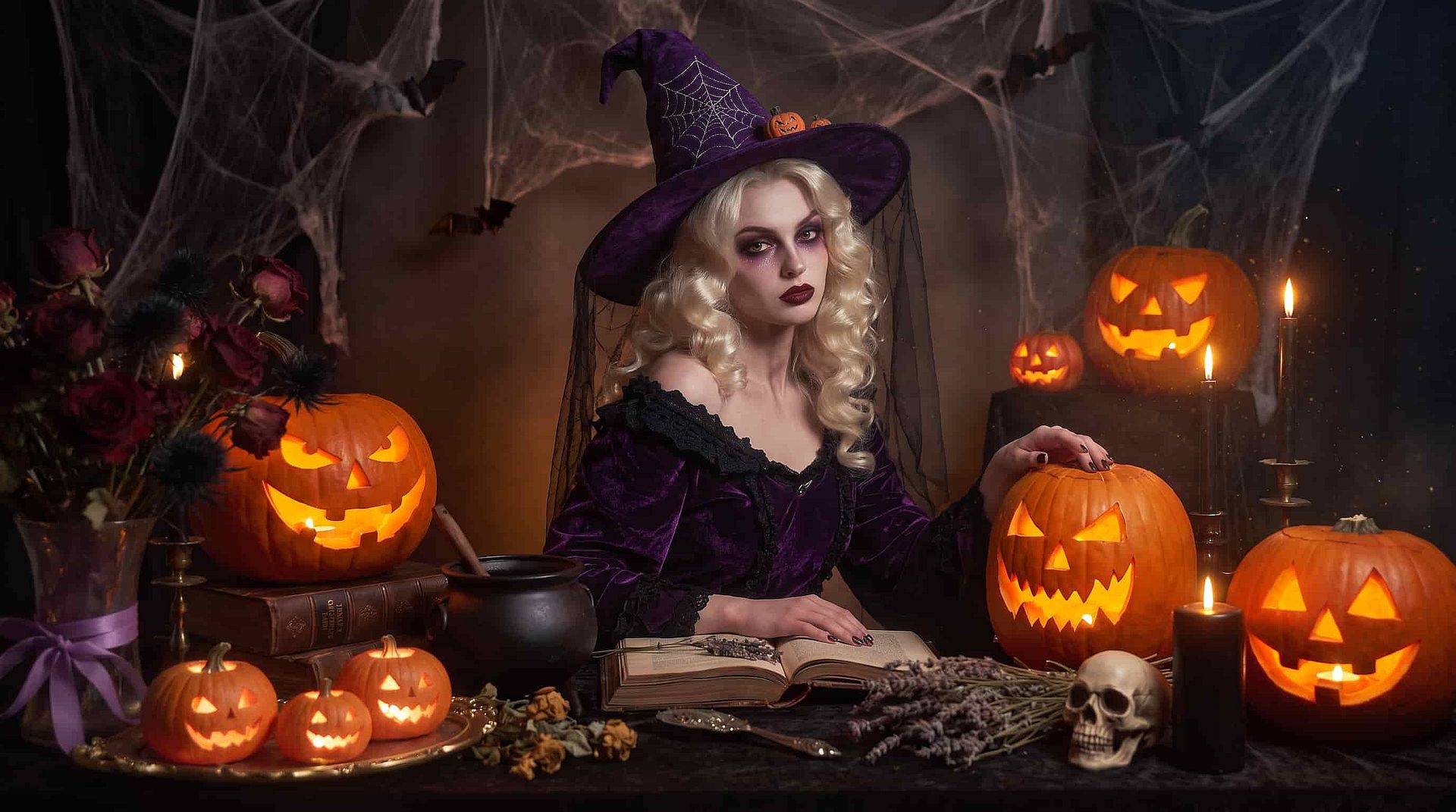 Witch in a purple hat sitting at a table with glowing pumpkins, an open spellbook, and cobwebs