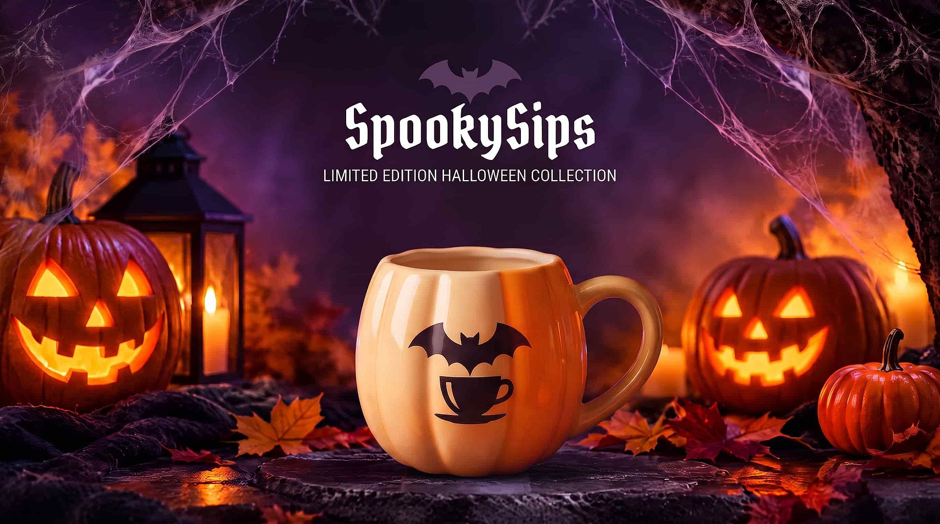 SpookySips Halloween promotion featuring a pumpkin-shaped mug surrounded by glowing jack-o’-lanterns and cobwebs