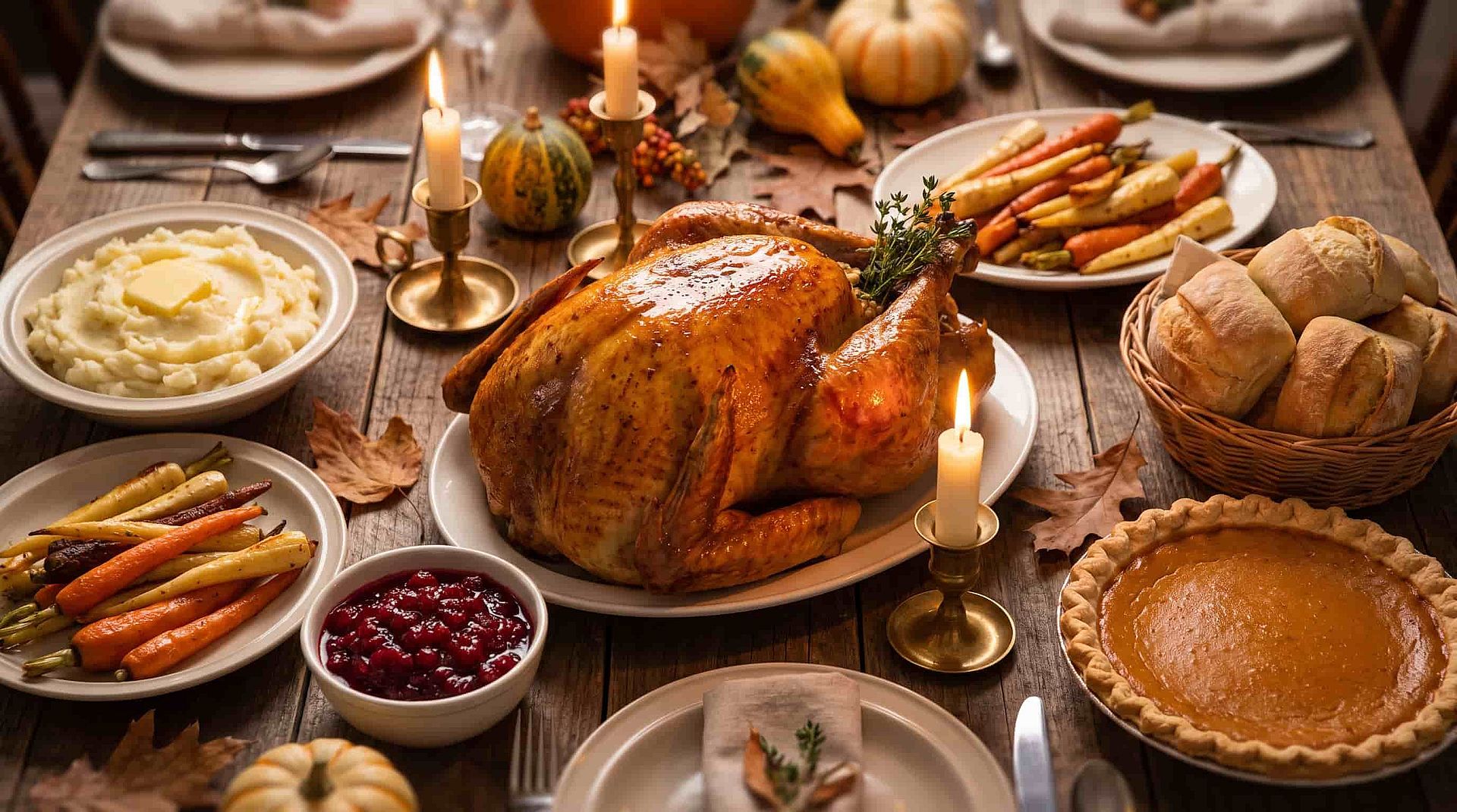 Roast turkey on a Thanksgiving dinner table with vegetables, cranberry sauce, and pumpkin pie.