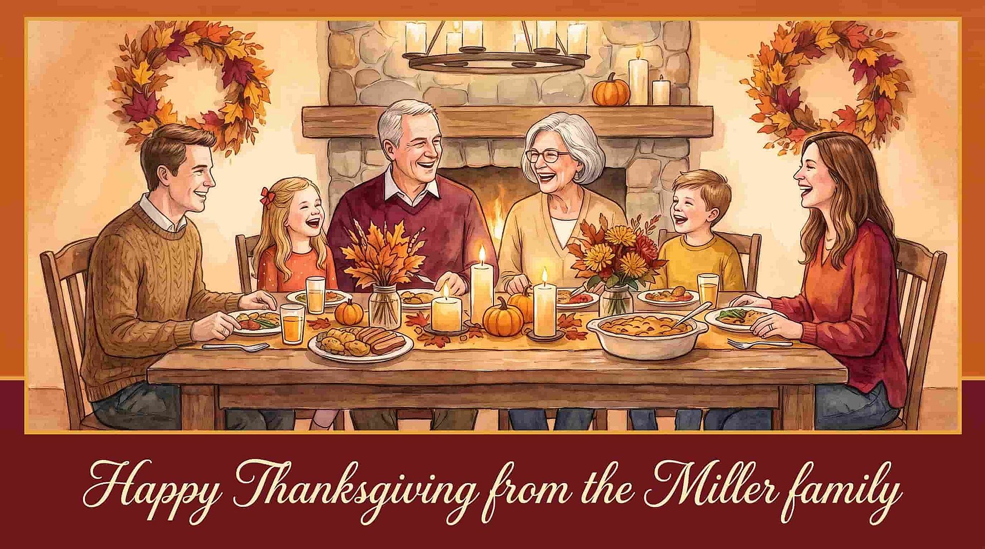 Illustrated family dinner greeting card with the message “Happy Thanksgiving from the Miller family.”