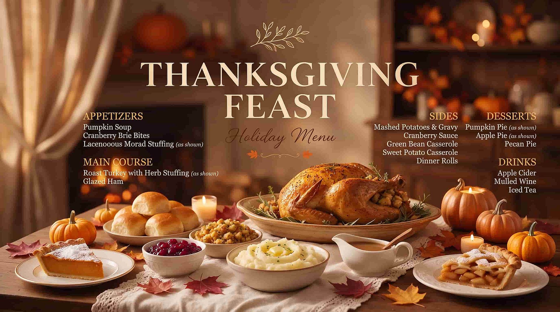 Thanksgiving Feast menu poster featuring roast turkey, side dishes, and desserts.