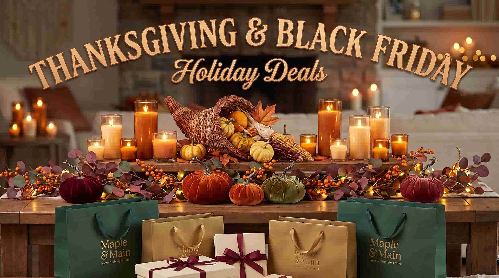 Thanksgiving and Black Friday holiday deals banner with gift bags, wrapped presents, pumpkins, and candles.