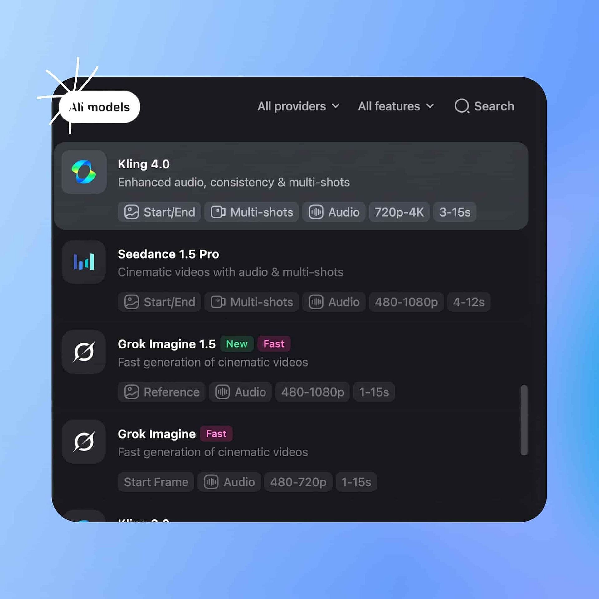 Screenshot of the OpenArt AI video model menu showing the Kling 4.0 option.