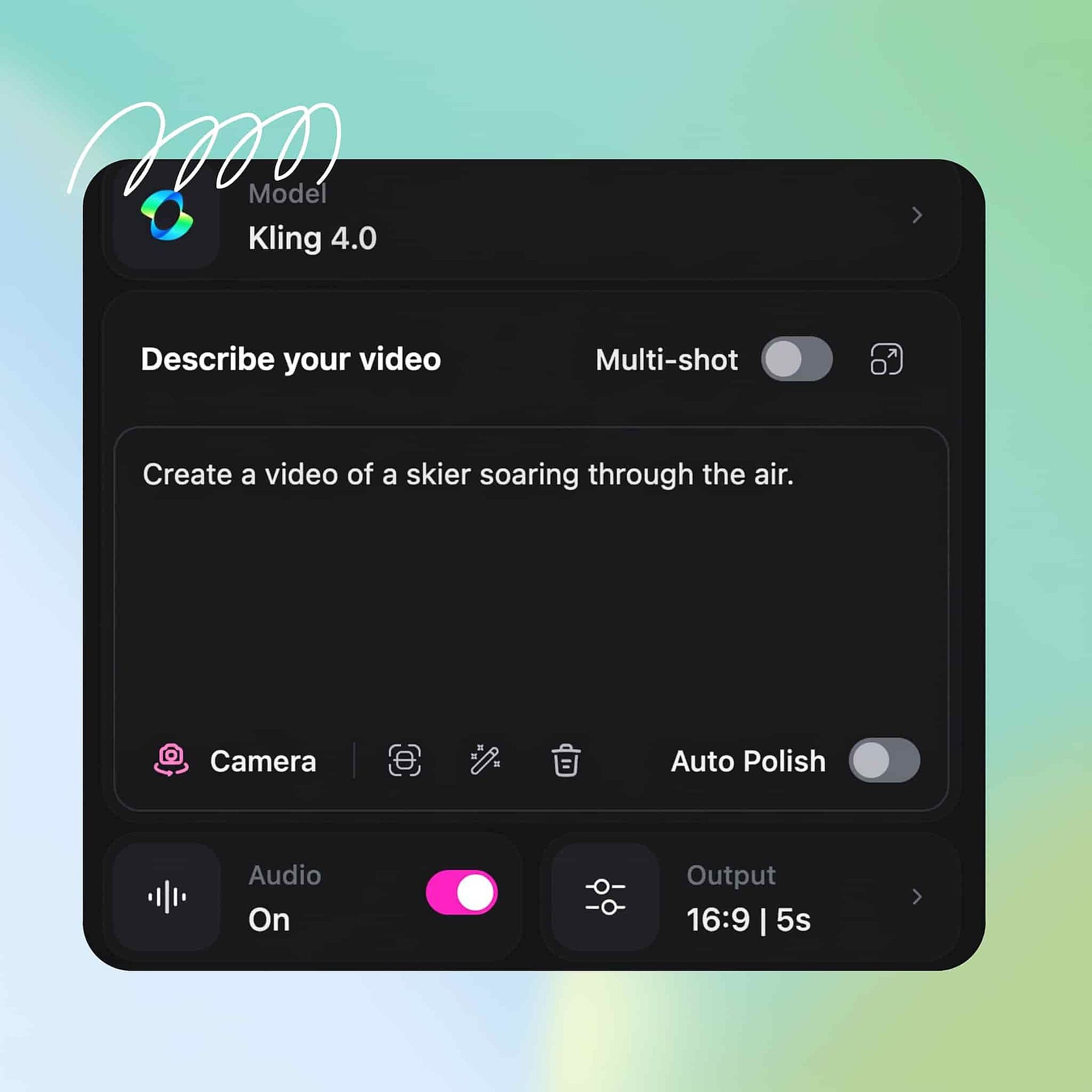 Screenshot of the Kling 4.0 video creation panel showing a written prompt and reference controls.