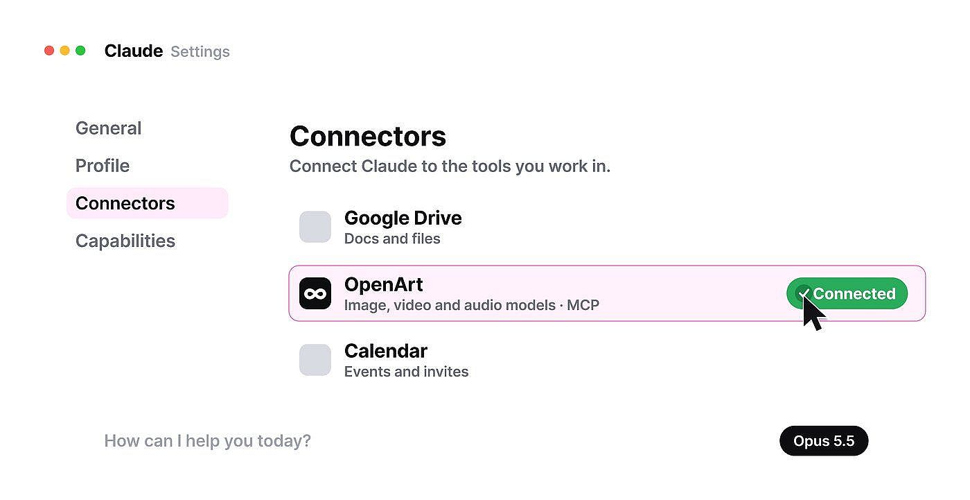OpenArt connected in Claude's Connectors settings