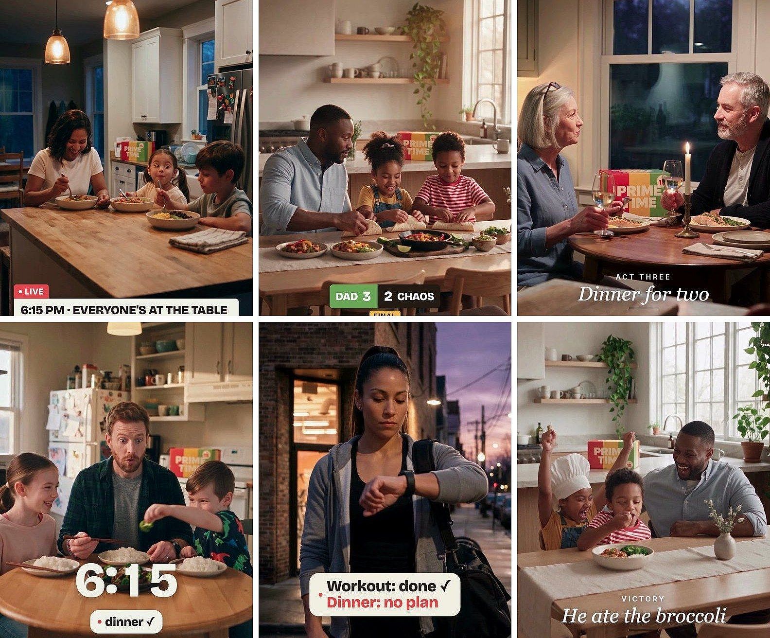 Six finished vertical meal kit ads from the batch of 100