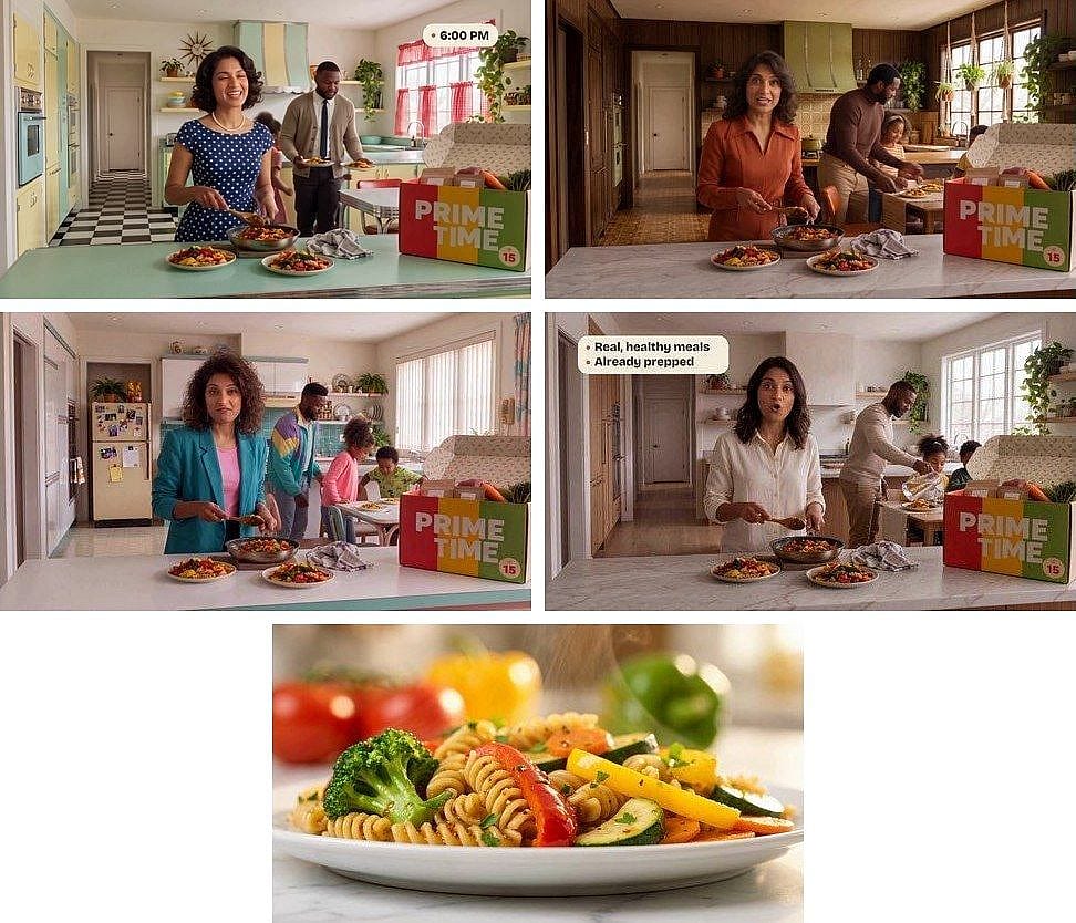 Storyboard frames for the hook, pain, turn, proof and payoff of the ad