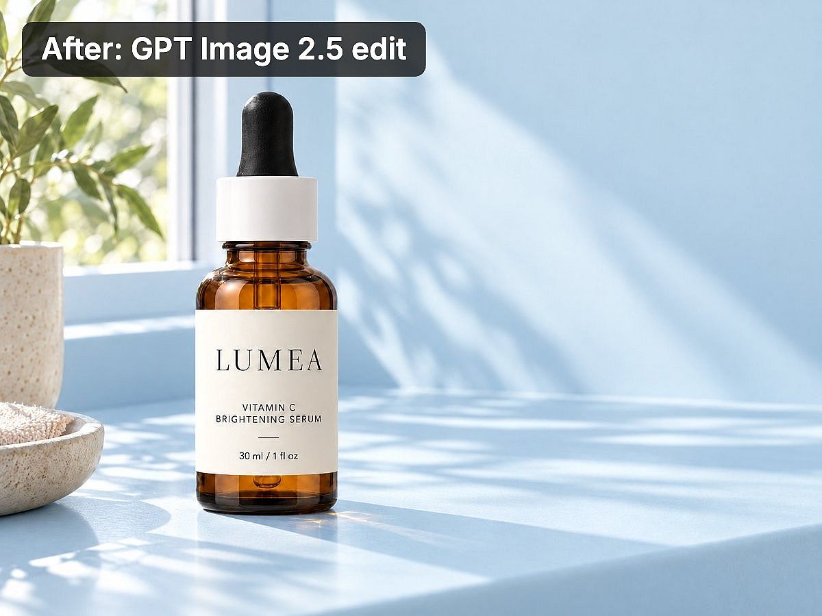 The same LUMEA serum scene after changing only the background to pale blue with GPT Image 2.5