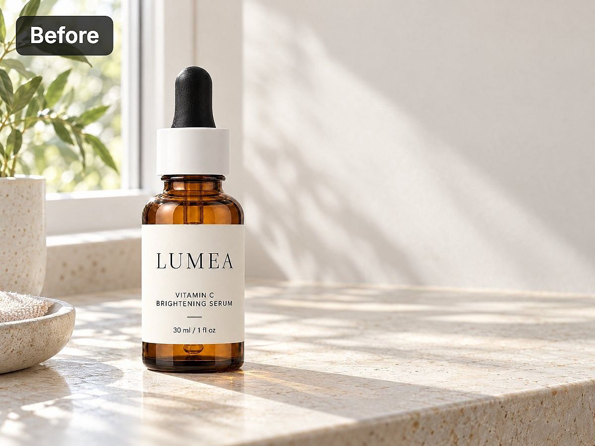 LUMEA serum bottle on a light stone counter before the background edit