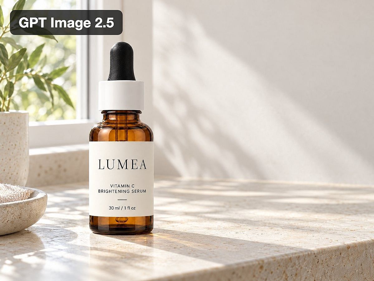 LUMEA serum bottle on a light stone counter by a window, generated with GPT Image 2.5 on OpenArt