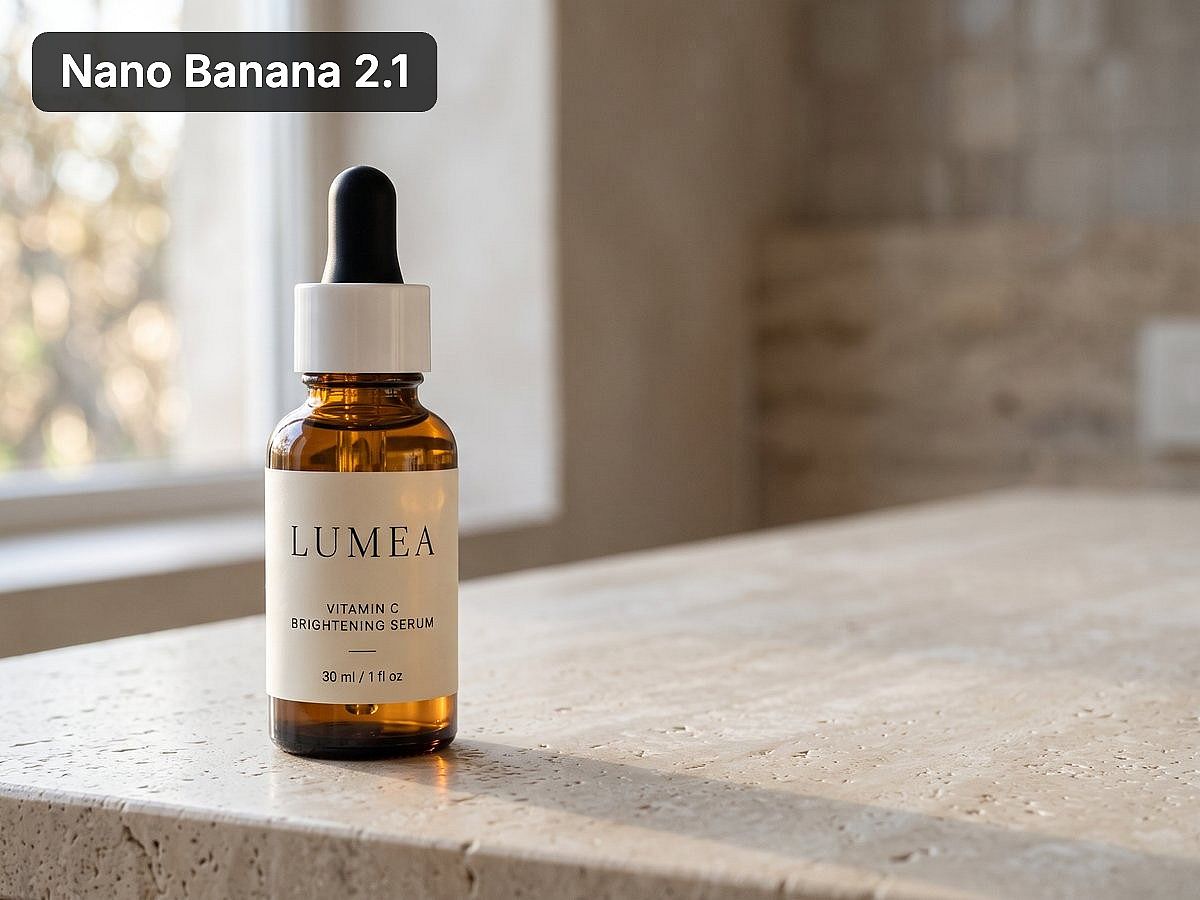 LUMEA serum bottle on a stone counter by a window, generated with Nano Banana 2.1 on OpenArt