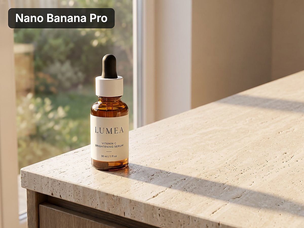 LUMEA serum bottle on a travertine counter by a window, generated with Nano Banana Pro on OpenArt