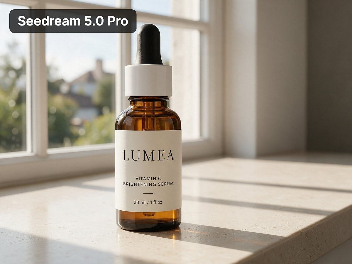 LUMEA serum bottle on a windowsill in morning light, generated with Seedream 5.0 Pro on OpenArt