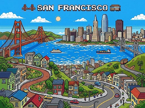 8-bit pixel art style cityscape of San Francisco.
