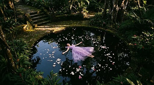 Cinematic top-down overhead shot, a woman in a flowing lavender tulle gown floating in a circular dark reflective pond surrounded by flower petals.