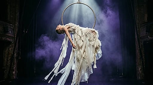 Cinematic shot of an ethereal woman suspended mid-air from a metal ring in a tattered white avant-garde feathered gown.