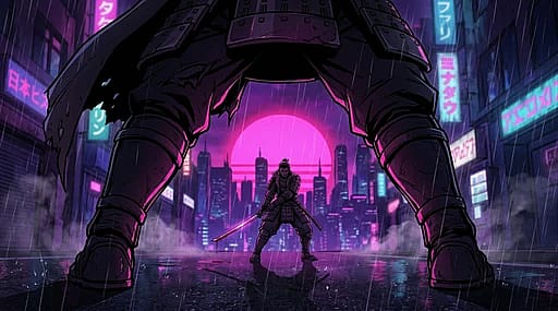 Cinematic anime art style, low-angle worm's-eye view with synthwave neon lighting and a glowing magenta sun.
