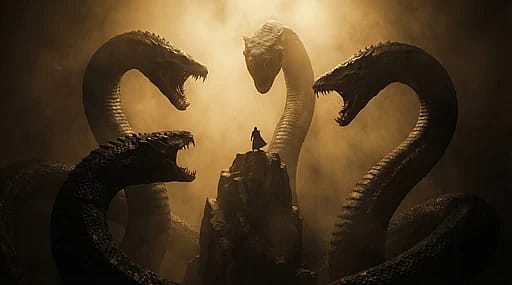 Cinematic dark fantasy concept art, tiny silhouette of a human standing atop a central peak surrounded by three colossal eldritch serpents.