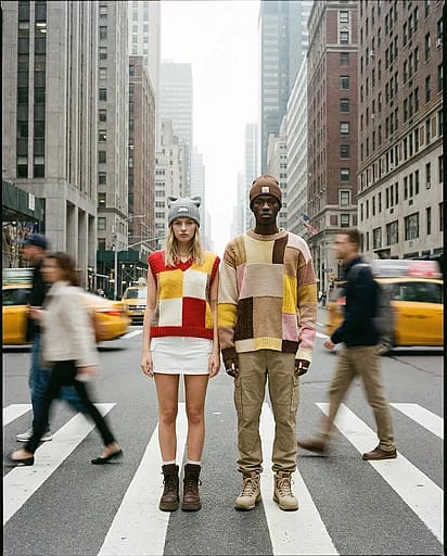 High-end fashion editorial with two models posing in a city crosswalk, dramatic long-exposure motion blur with pedestrians as ghostly streaks.