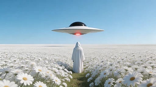 Surreal cinematic scene of a lone figure in a white hooded robe standing in a vast field of white flowers facing a hovering futuristic UFO.