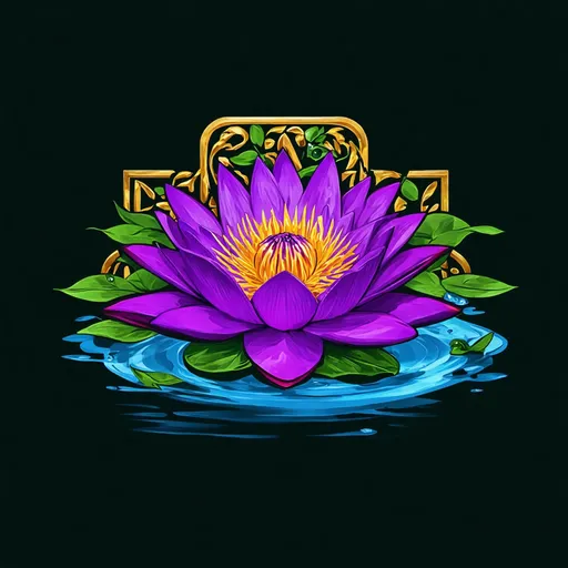 Prompt: Create an elegant and artistic logo featuring a central water lily in intense shades of purple. The lily should have rich, deep purple tones and vibrant highlights to emphasize texture and depth. Surround the lily with lush green leaves and graceful, swirling vines. Incorporate subtle water ripples or droplets around the lily to enhance a serene and tranquil effect. Avoid any ornate or filigree patterns, and exclude silver or gold. The design should blend realistic depiction with a stylized, flowing aesthetic, focusing on bold, vivid colors and a sophisticated overall look.