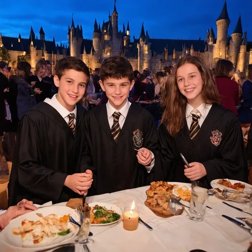 Prompt: Crie uma cena vibrante e alegre de dois irmãos felizes participando de um festival inspirado no mundo de Harry Potter. Mostre os membros da família usando trajes icônicos de Hogwarts, como robes e cachecóis nas cores das casas, com varinhas na mão e sorrisos radiantes Inclua detalhes do festival, como barracas de comidas mágicas, decorações temáticas, e, ao fundo,. um castelo majestoso semelhante a Hogwarts sob um céu azul. Elementos mágicos, como criaturas fantásticas e feitiços visíveis, devem adicionar um toque encantador à cena