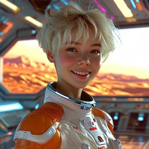 Prompt: (central content: girl, 19 years old, shortblonde, frizzy hair), bright smile, cute and pretty features, (NASA colors and style), huge spaceship backdrop, (comfortable and light elegant costume), futuristic design, Mars terraforming scene, vivid colors, spacious interior, ambient lighting, charming atmosphere, (HD, ultra-detailed), adventurous vibe, engaging expression, dynamic composition, striking visuals.