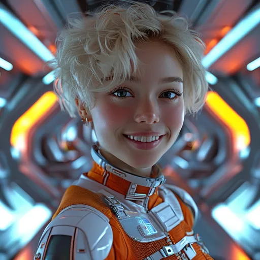 Prompt: (central content: girl, 20 years old, shortblonde, frizzy hair), bright smile, cute and pretty features, (NASA colors and style), huge spaceship backdrop, (comfortable and light elegant costume), futuristic design, Mars terraforming scene, vivid colors, spacious interior, ambient lighting, charming atmosphere, (HD, ultra-detailed), adventurous vibe, engaging expression, dynamic composition, striking visuals.