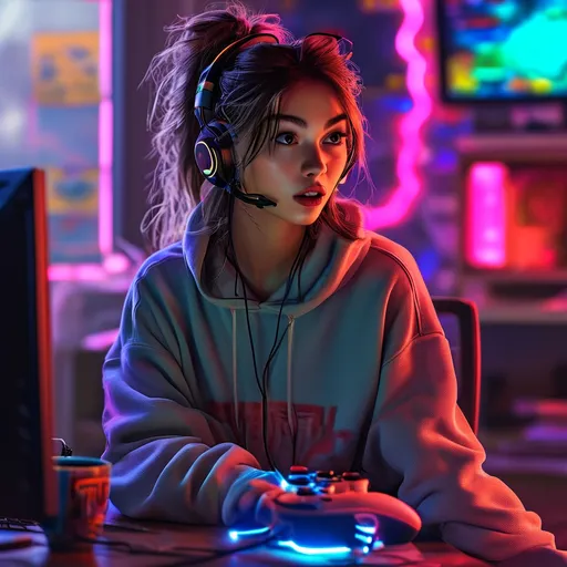 Prompt: (slim cute 16-year-old young woman), playing video games, (headphones), loose sweatshirt, (legs spread) in front of computer, nighttime ambiance, illuminated by (bright computer screen) and (colorful LED light strings), vibrant multi-color lights, dynamic atmosphere, cozy setting, (ultra-detailed) and immersive scene, captures the excitement and focus of gaming with a playful mood.