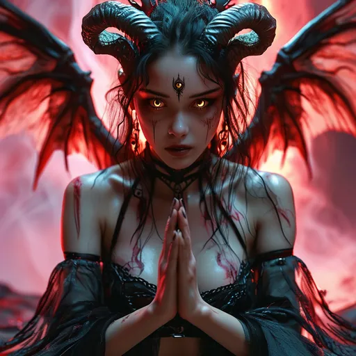 Prompt: (young demoness, full body), (tight outfit), (slim,beautiful,large eyes), (demonic wings spread wide behind her), performing an incantation, dramatic shadows, eerie ambience, vivid red and deep purple light, swirling mist, ancient runes glowing faintly, fantastical elements, demon summoning, high detail, mysterious background, 4K resolution, cinematic atmosphere, supernatural energy in the air, full body shot.