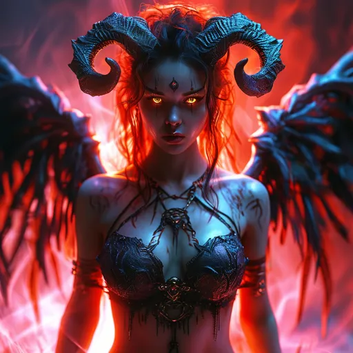 Prompt: (young demoness, full body), (tight outfit), (slim,beautiful,large eyes), (demonic wings spread wide behind her), performing an incantation, dramatic shadows, eerie ambience, vivid red and deep purple light, swirling mist, ancient runes glowing faintly, fantastical elements, demon summoning, high detail, mysterious background, 4K resolution, cinematic atmosphere, supernatural energy in the air, full body shot.